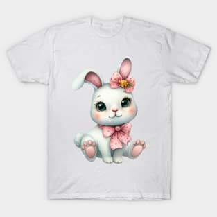Cute rabbit with pink bows watercolor painting T-Shirt